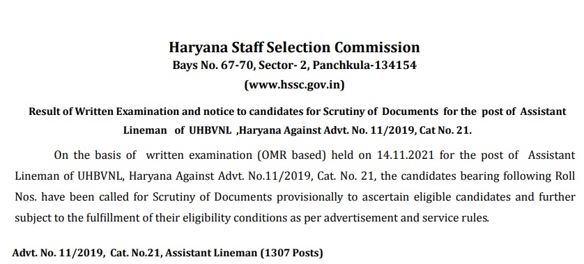 Haryana Assistant Lineman Result
