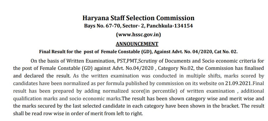 Haryana Female GD Constable Durga Shakti Final Merit List PDF