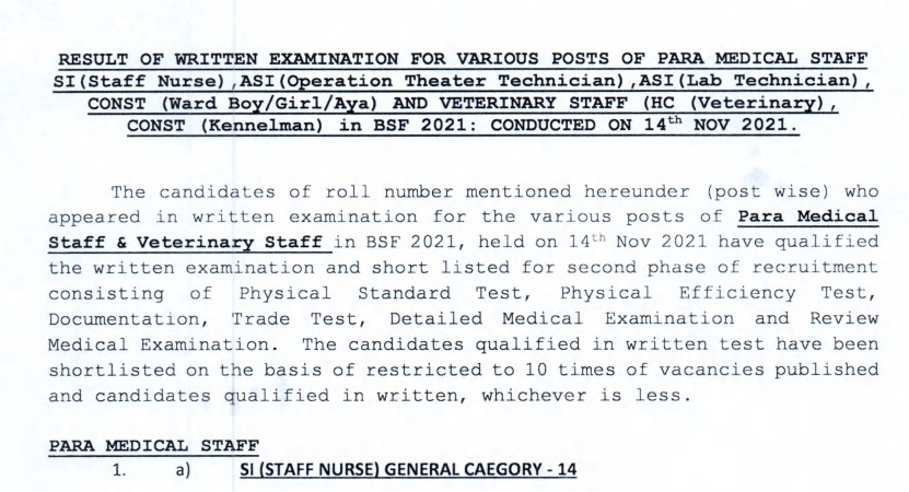 BSF Paramedical Shortlisted Candidates List pdf